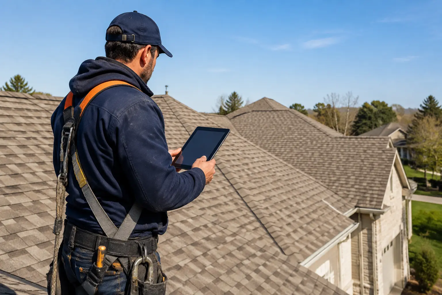 Roofing professional inspecting a residential roof
